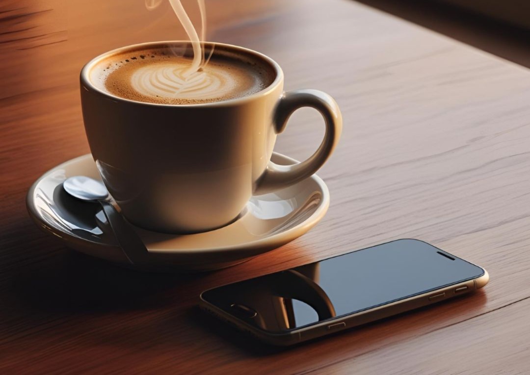 Xícara de café Ojuara sobre a mesa, ao lado de um celular